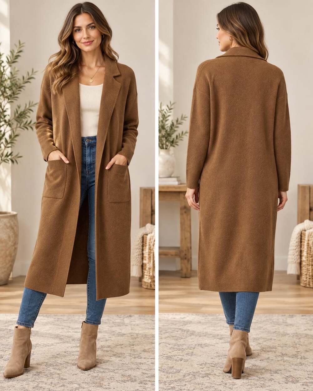 J.Crew Open Front Long Cardigan Size S Brown Merino Wool Blend Coat